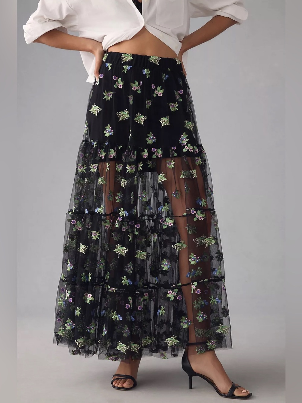 Maeve Anthropologie Sheer Embroidered Maxi Skirt Black Floral Tulle Size M - Picture 2 of 13
